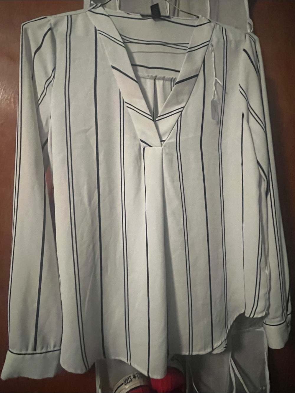 Forever 21 White Button-Front Top with Black Pinstripes